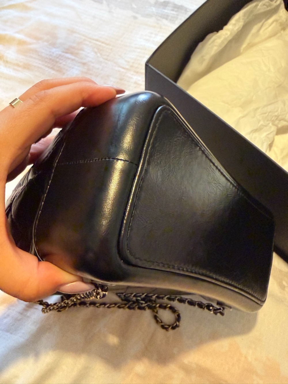 CHANEL Gabrielle Black Quilted Lambskin Drawstring Bucket Bag with Chain Strap - Picture 4 of 9